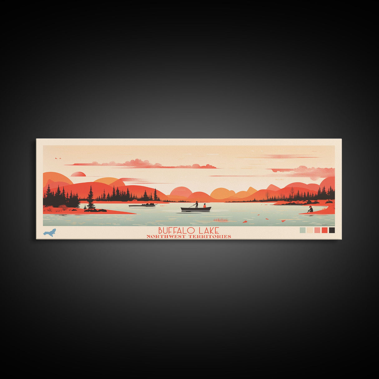 Buffalo Lake Northwest Territories Framed Canvas Print, Pop Art Panoramic Travel Poster, Midcentury Modern, Wall Art, Scenic Nature Painting, Bedroom Decor