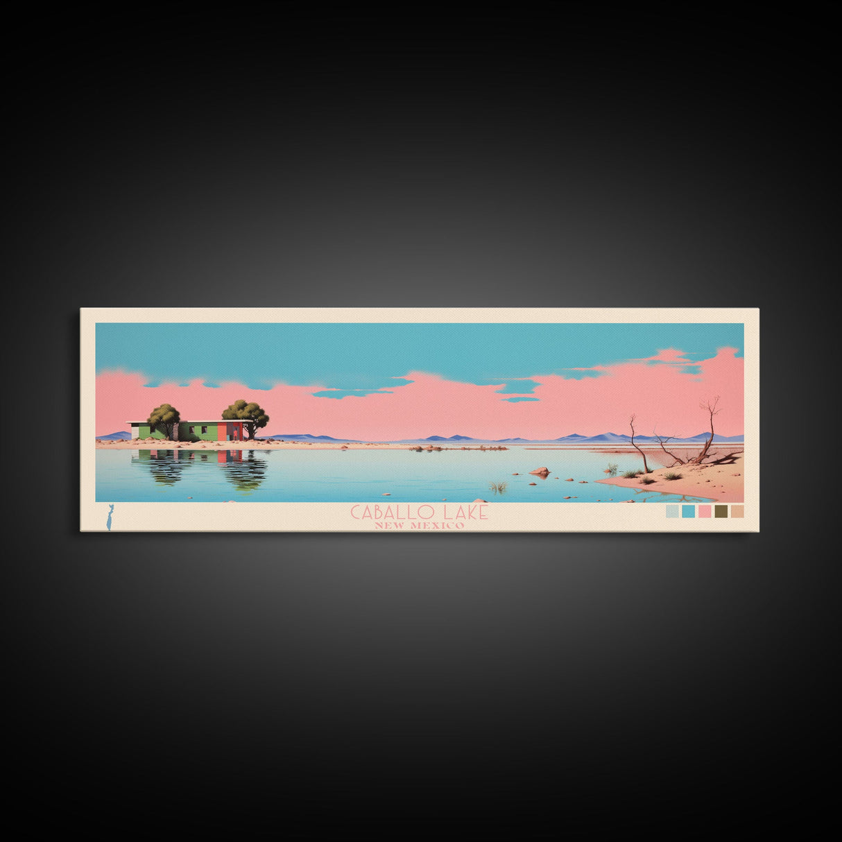 Caballo Lake New Mexico Framed Canvas Print, Midcentury Modern Panoramic Wall Art, Living Room Decor, Pop Art, Travel Poster Art, Scenic Nature Painting