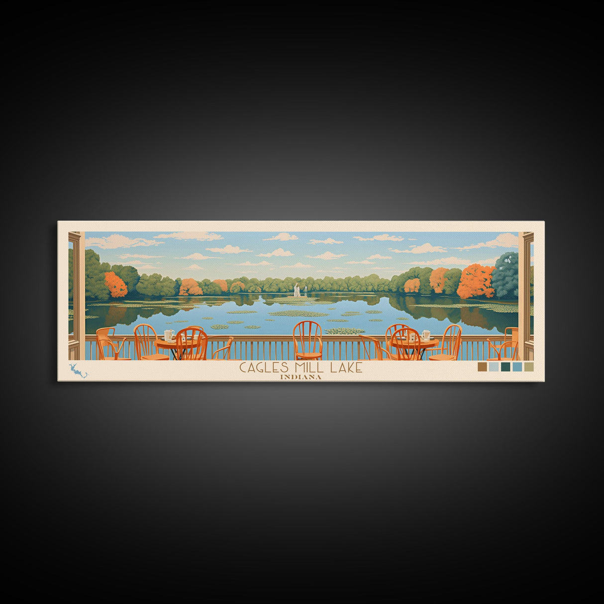 Cagles Mill Lake Indiana Framed Canvas Print, Midcentury Modern Panoramic Wall Art, Living Room Decor, Pop Art, Travel Poster Art, Scenic Nature Painting