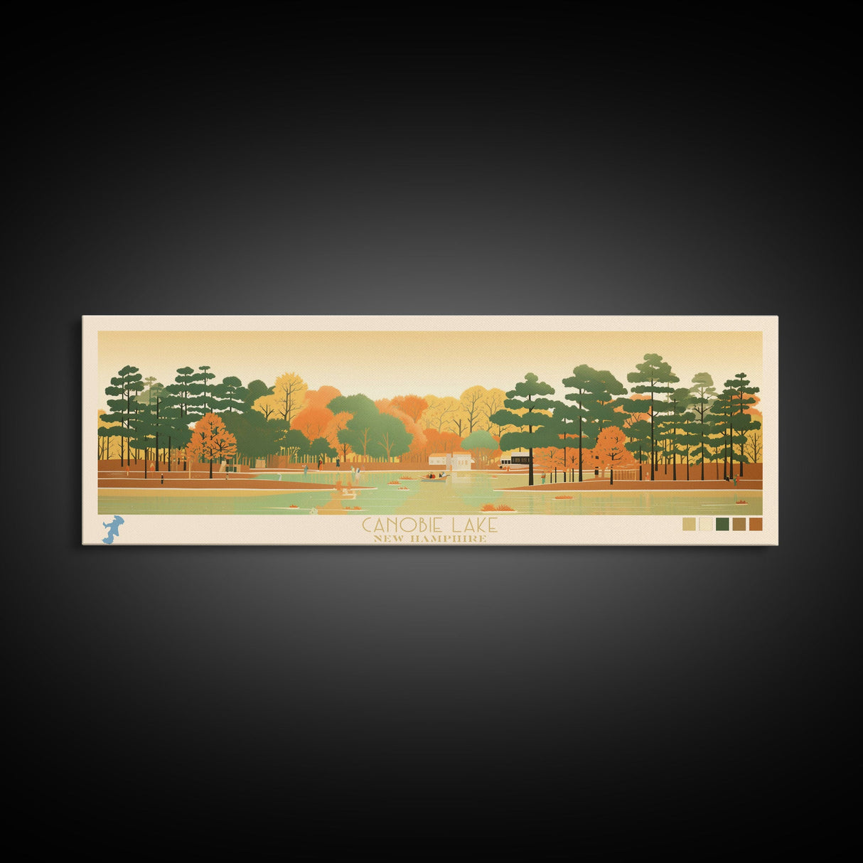 Canobie Lake New Hamphire Framed Canvas Print, Midcentury Modern Panoramic Wall Art, Living Room Decor, Pop Art, Travel Poster Art, Scenic Nature Painting