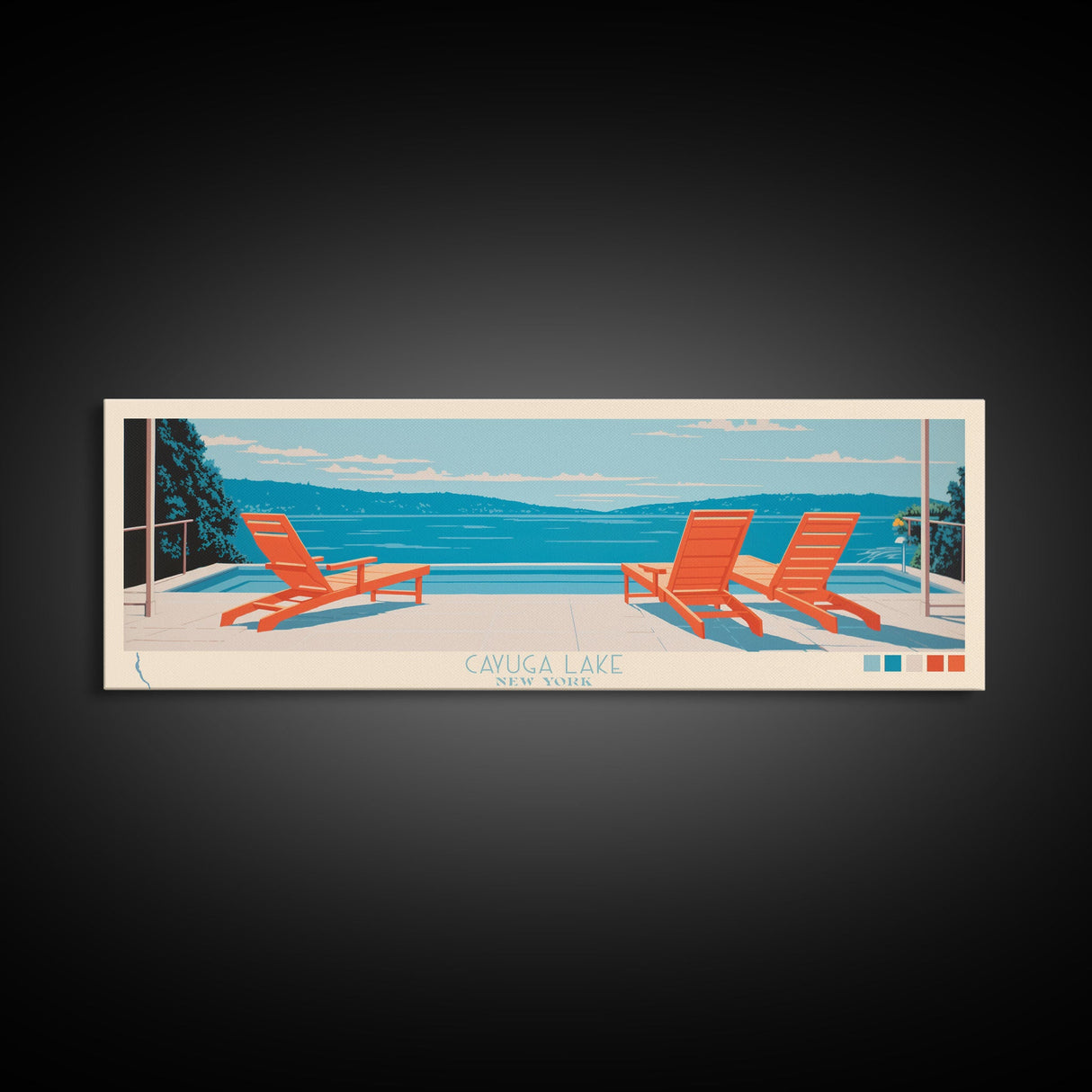 Cayuga Lake New York Framed Canvas Print, Pop Art Panoramic Travel Poster, Midcentury Modern, Wall Art, Scenic Nature Painting, Bedroom Decor, Living Room Art