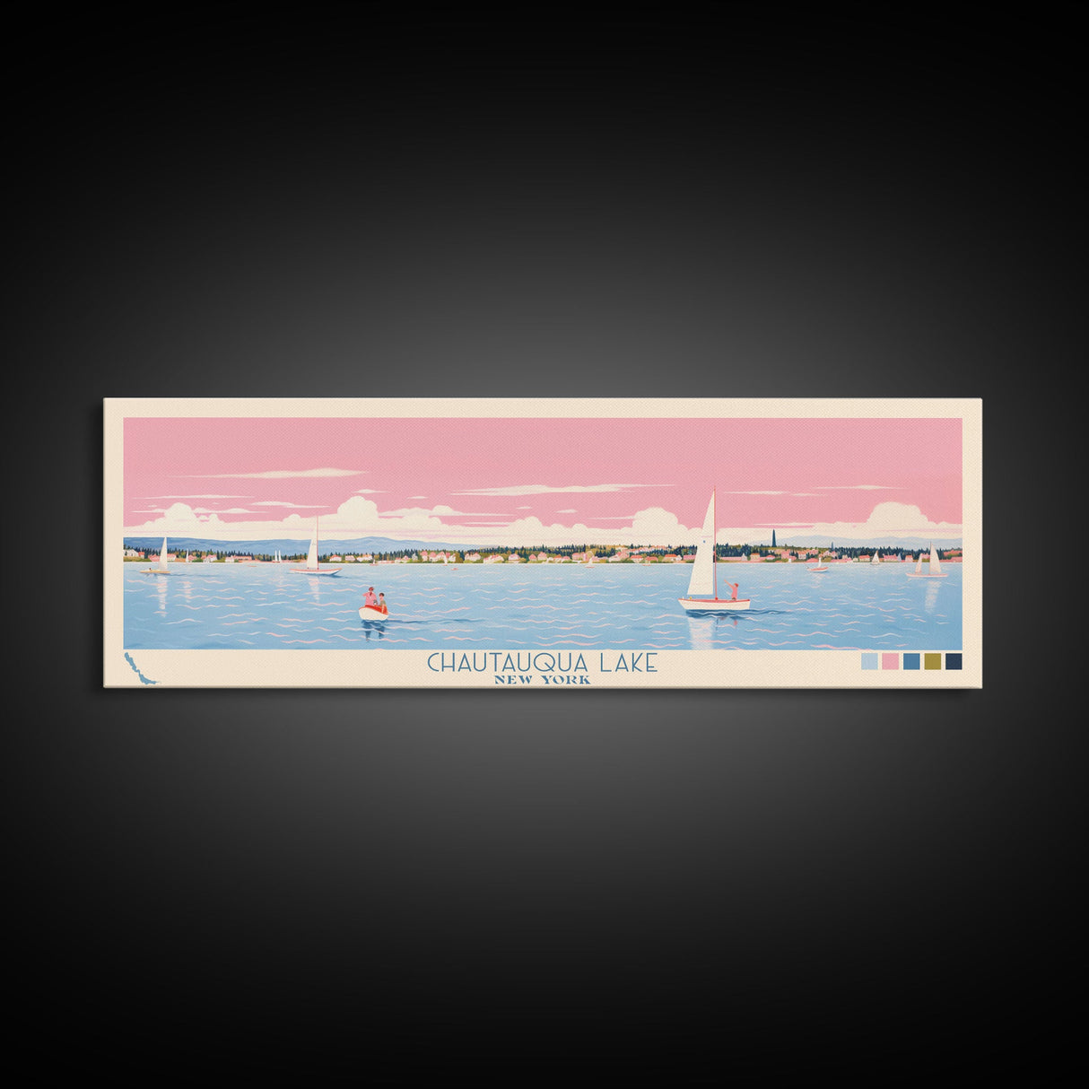 Chautauqua Lake New York Framed Canvas Print, Pop Art Panoramic Travel Poster, Midcentury Modern, Wall Art, Scenic Nature Painting, Bedroom Decor, Living Room Art