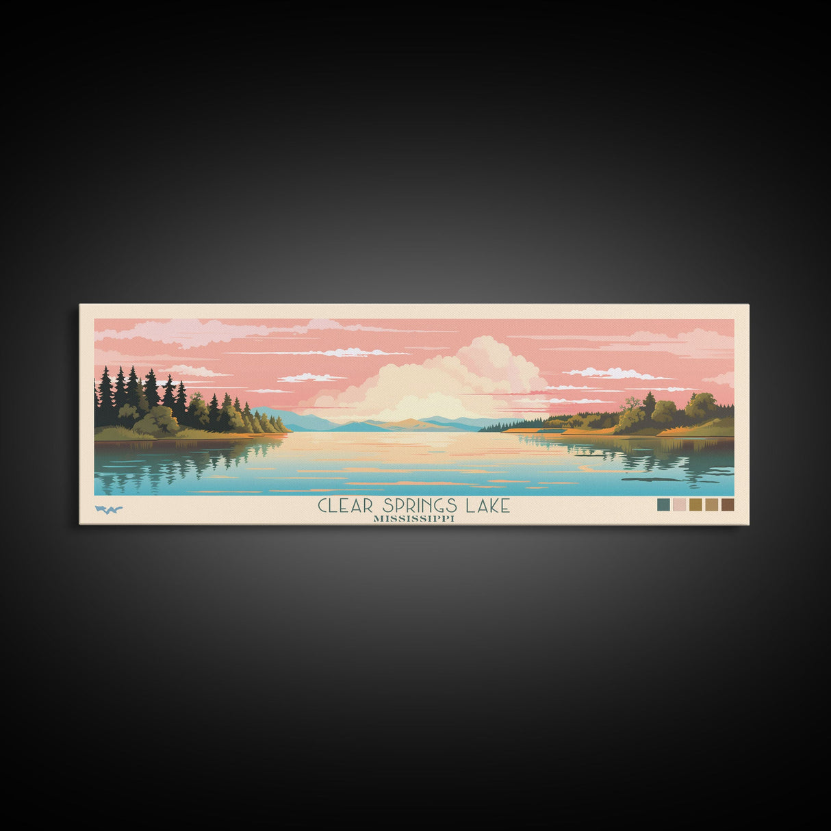 Clear Springs Lake Mississippi Framed Canvas Print, Pop Art Panoramic Travel Poster, Midcentury Modern, Wall Art, Scenic Nature Painting, Bedroom Decor, Living Room Art