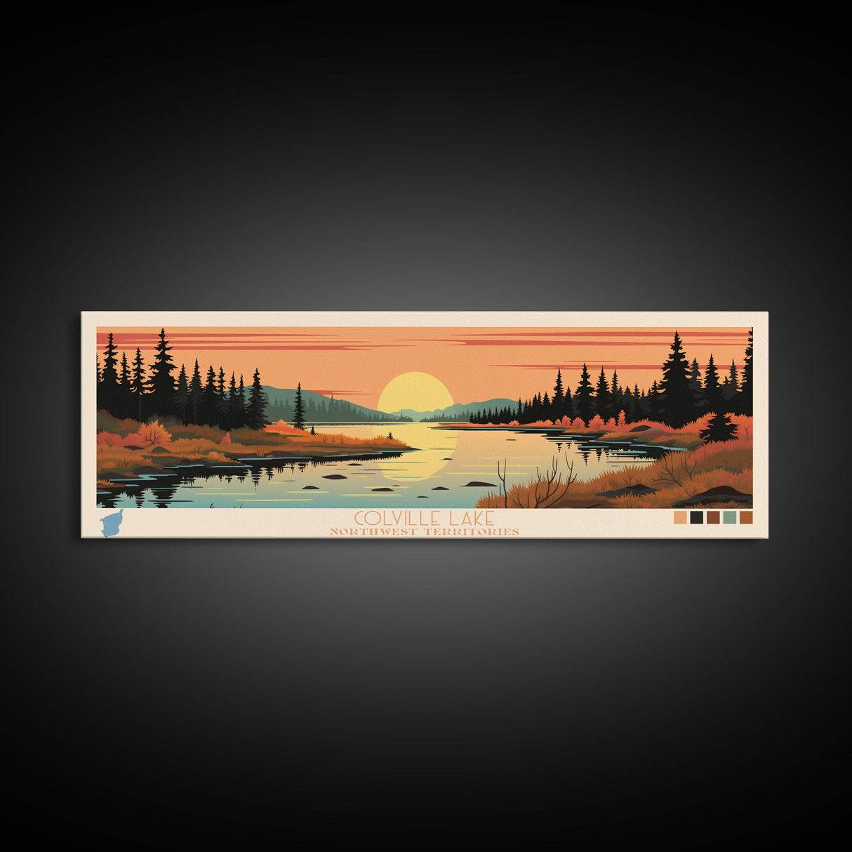 Colville Lake Northwest Territories Framed Canvas Print, Pop Art Panoramic Travel Poster, Bedroom Decor, Midcentury Modern, Wall Art, Scenic Lake House, Nature Art