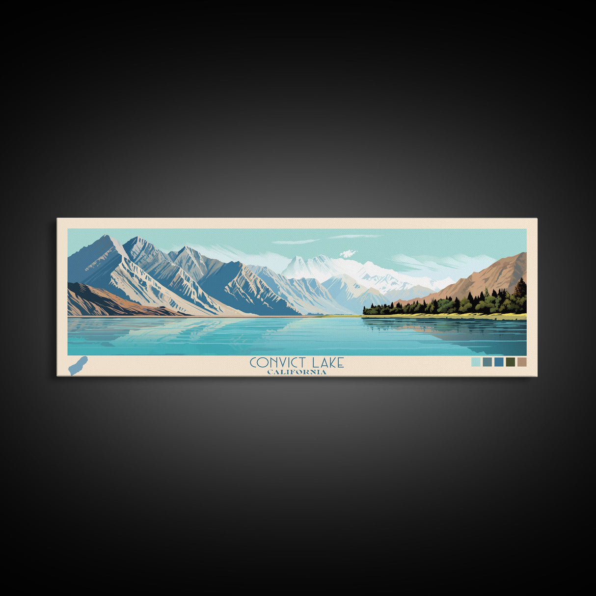 Convict Lake California Framed Canvas Print, Midcentury Modern Panoramic Wall Art, Living Room Decor, Pop Art, Travel Poster Art, Nature Art, Lake House Decor