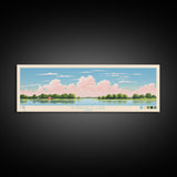 Coralville Lake Iowa Framed Canvas Print, Midcentury Modern Panoramic Wall Art, Living Room Decor, Pop Art, Travel Poster Art, Scenic Nature Painting, Lake House Decor