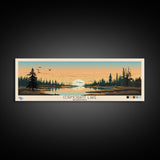 Cormorant Lake Manitoba Framed Canvas Print, Pop Art Panoramic Travel Poster, Midcentury Modern, Wall Art, Scenic Nature Painting, Bedroom Decor, Living Room Art