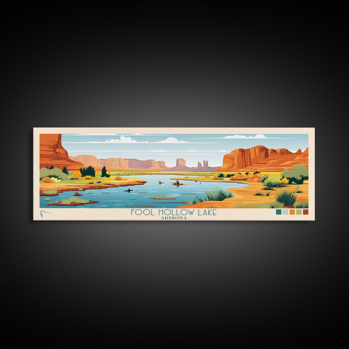 Fool Hollow Lake Arizona Framed Canvas Print, Panoramic Art, Midcentury Modern, Pop Art, Living Room Decor, Travel Poster, Lake Painting, Wall Art