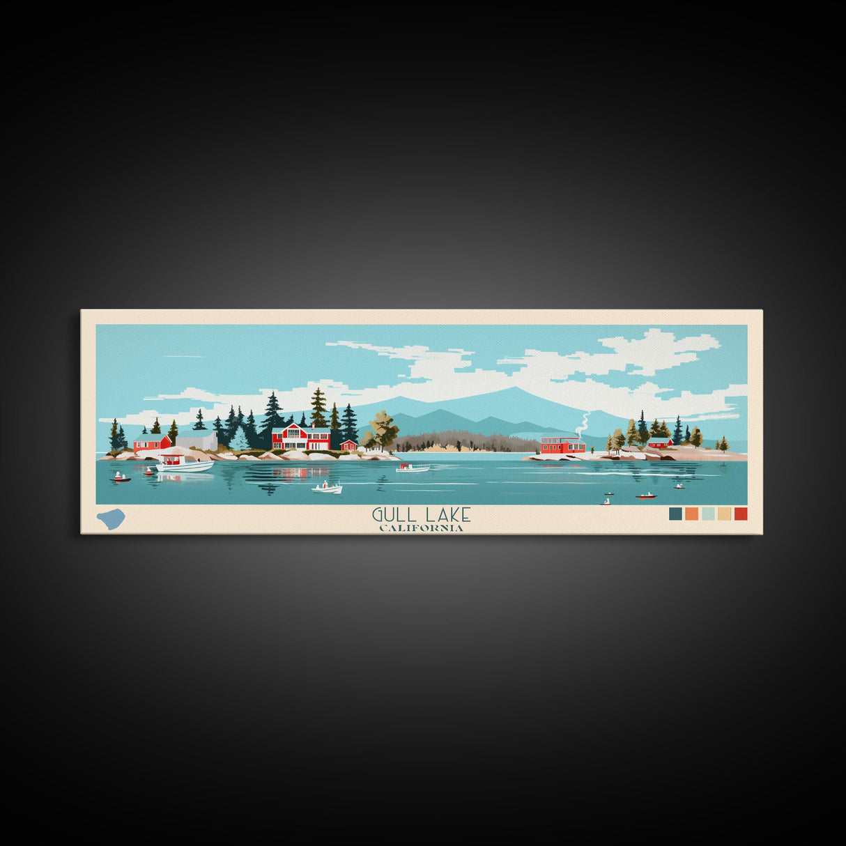 Gull Lake California Framed Canvas Print, Panoramic Art, Midcentury Modern, Pop Art, Bedroom Decor, Travel Poster, Lake View, Artistic Decor