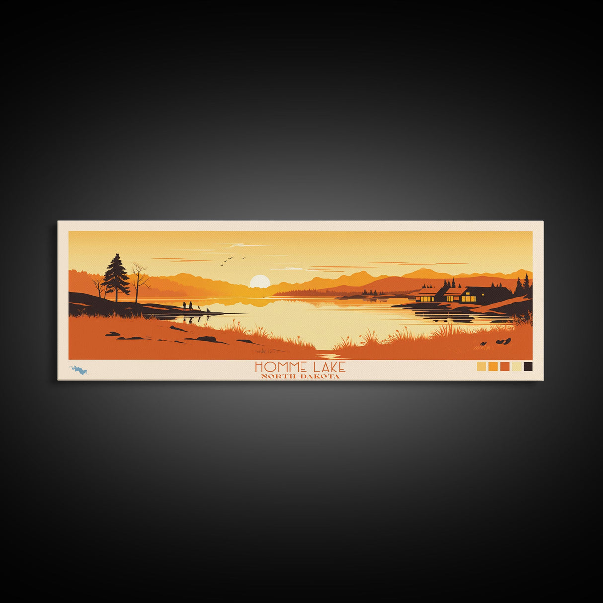 Homme Lake North Dakota Framed Canvas Print, Panoramic Wall Art, Midcentury Modern, Pop Art, Bedroom Decor, Travel Poster, Artistic Home Decor