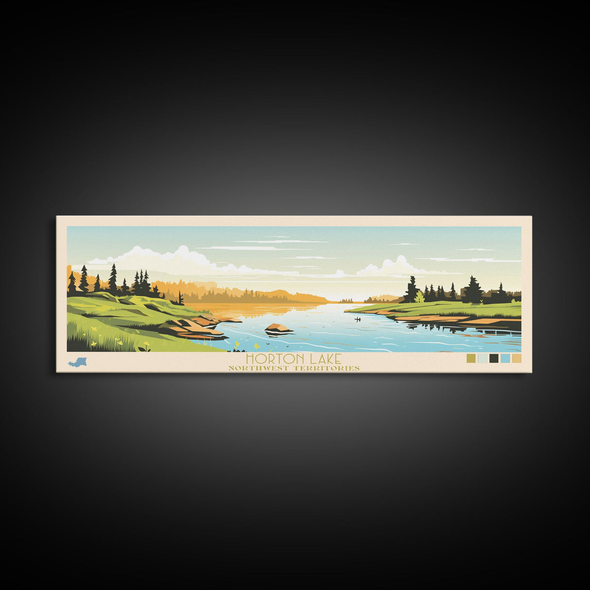 Horton Lake Northwest Territories Framed Canvas Print, Panoramic Art, Midcentury Modern, Pop Art, Living Room Decor, Travel Poster, Lake House Decor