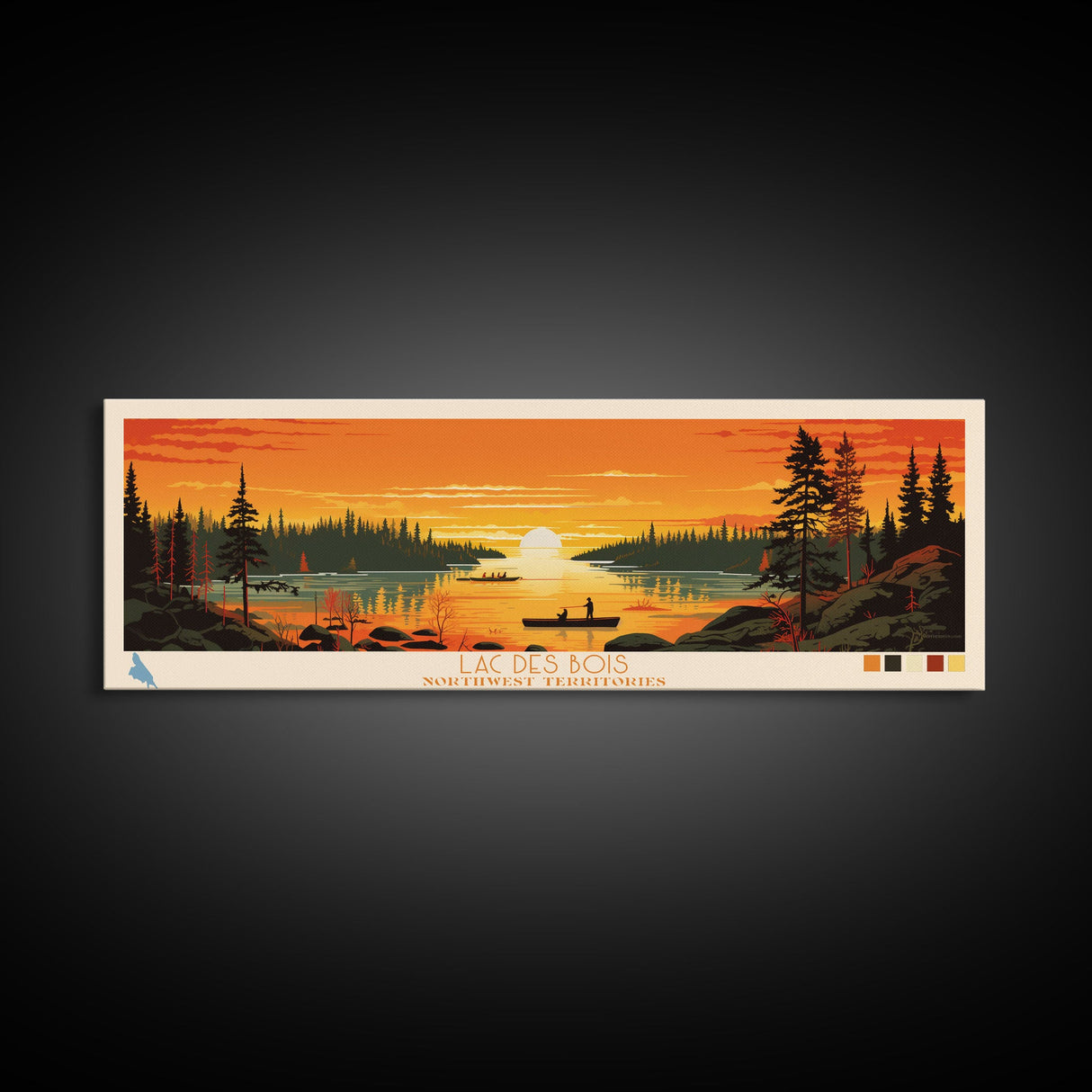 Lac Des Bois Northwest Territories Framed Canvas Print, Panoramic Art, Midcentury Modern, Pop Art, Living Room Wall Art, Travel Poster, Lake House Decor