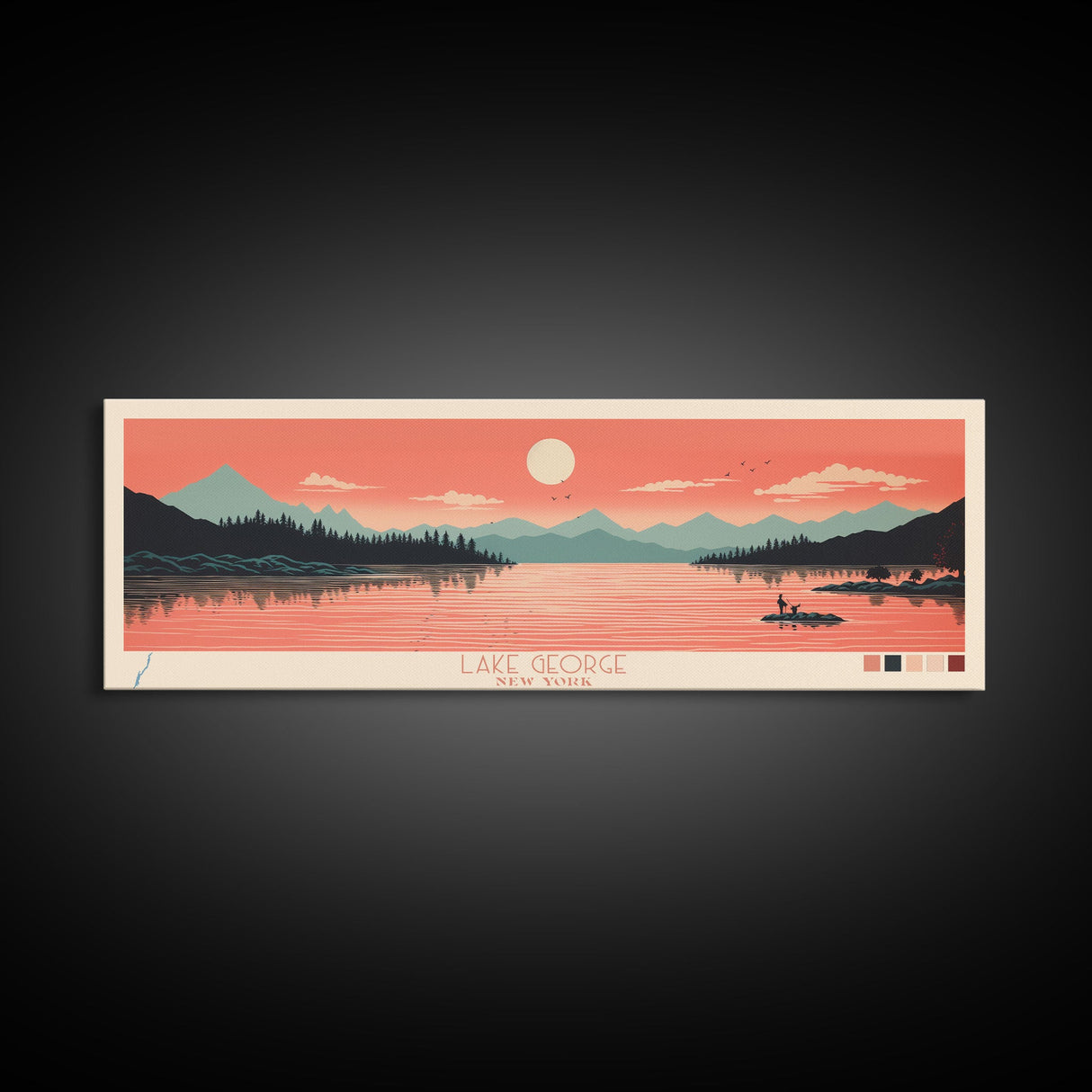 Lake George New York Framed Canvas Print, Panoramic Art, Midcentury Modern, Pop Art, Living Room Wall Art, Travel Poster, Lake House Decor