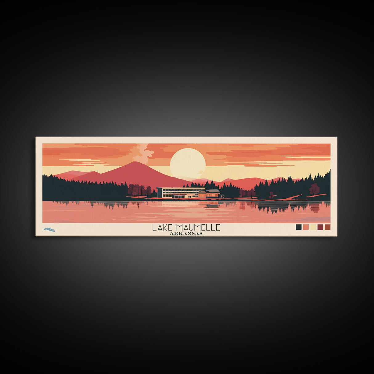 Lake Maumelle Arkansas Framed Canvas Print, Panoramic Wall Art, Midcentury Modern, Pop Art, Living Room Decor, Travel Poster