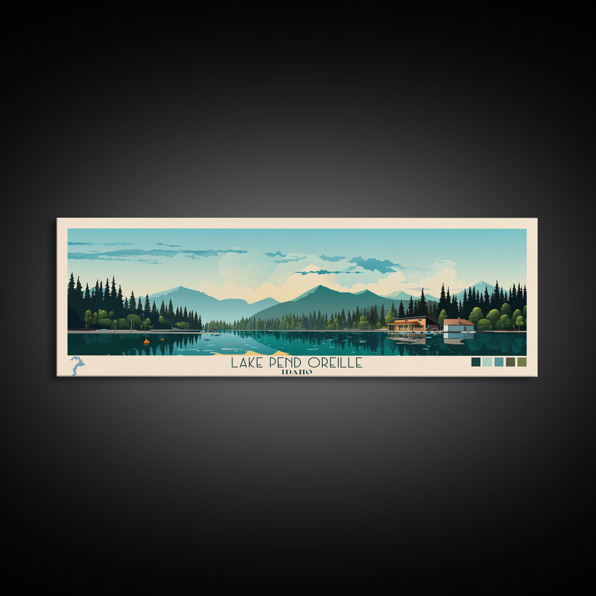 Lake Pend Oreille Idaho Framed Canvas Print, Panoramic Wall Art, Midcentury Modern, Pop Art, Living Room Decor, Travel Poster, Lake House Art