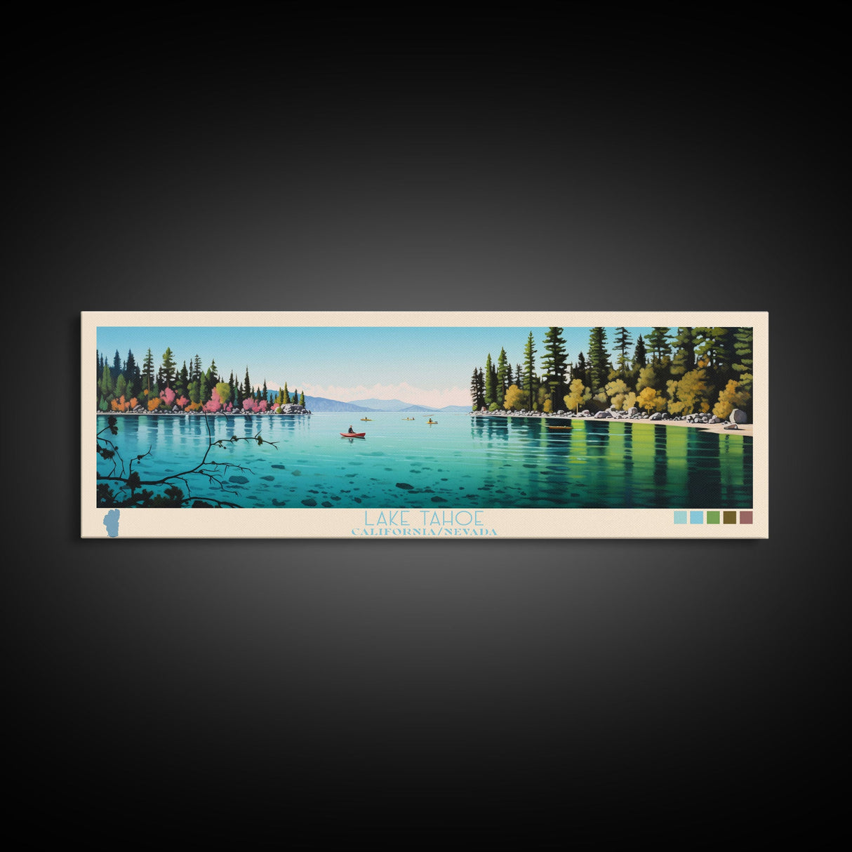 Lake Tahoe CaliforniaNevada Framed Canvas Print, Panoramic Wall Art, Midcentury Modern, Pop Art, Bedroom Art, Travel Poster, Lake House Decor