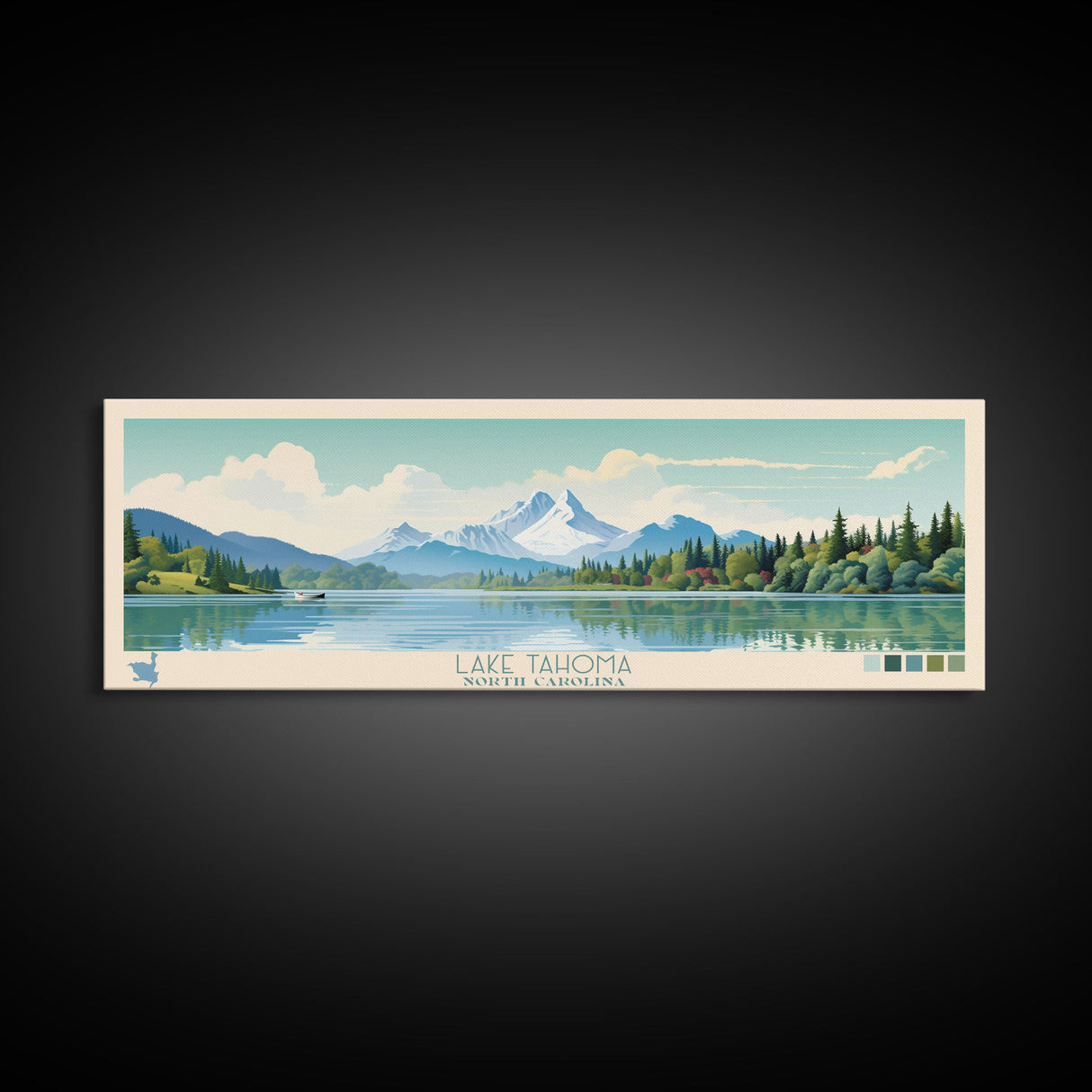 Lake Tahoma North Carolina Framed Canvas Print, Panoramic Wall Art, Midcentury Modern, Pop Art, Living Room Decor, Travel Poster, Lake House Art