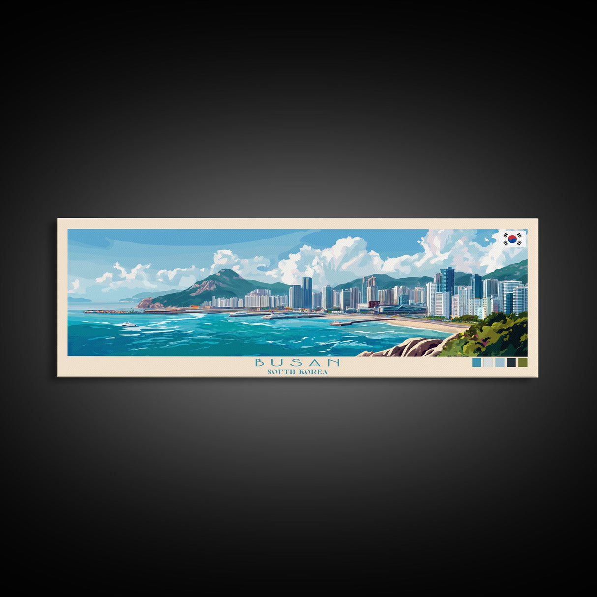 Busan, South Korea Travel Poster Panoramic Canvas Print, Busan, South Korea Painting, South Korea Art, Busan Travel Art, Guest Room Painting