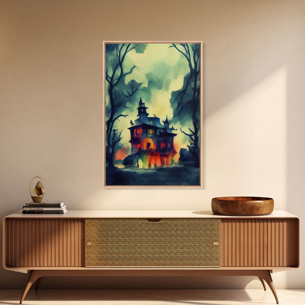Spooky Watercolor of a Haunted House, Halloween Art, Framed Canvas Print, Ready To Hang Framed Wall Art, Living Room Wall Decor
