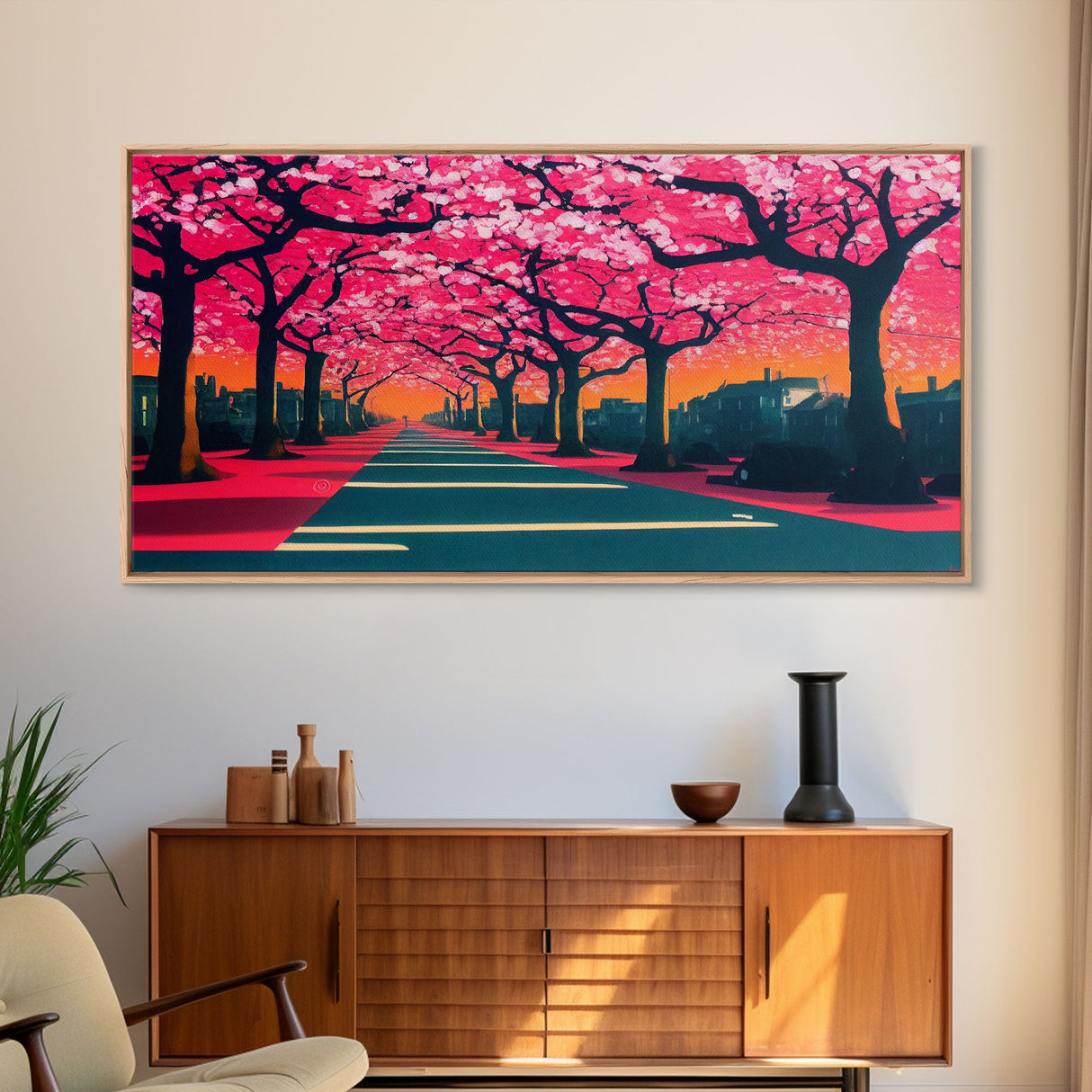 Street lined with Cherry Blossoms, Cherry Blossom Tree  Art, Framed Canvas Print, Ready To Hang Wall Art, Framed Wall Art