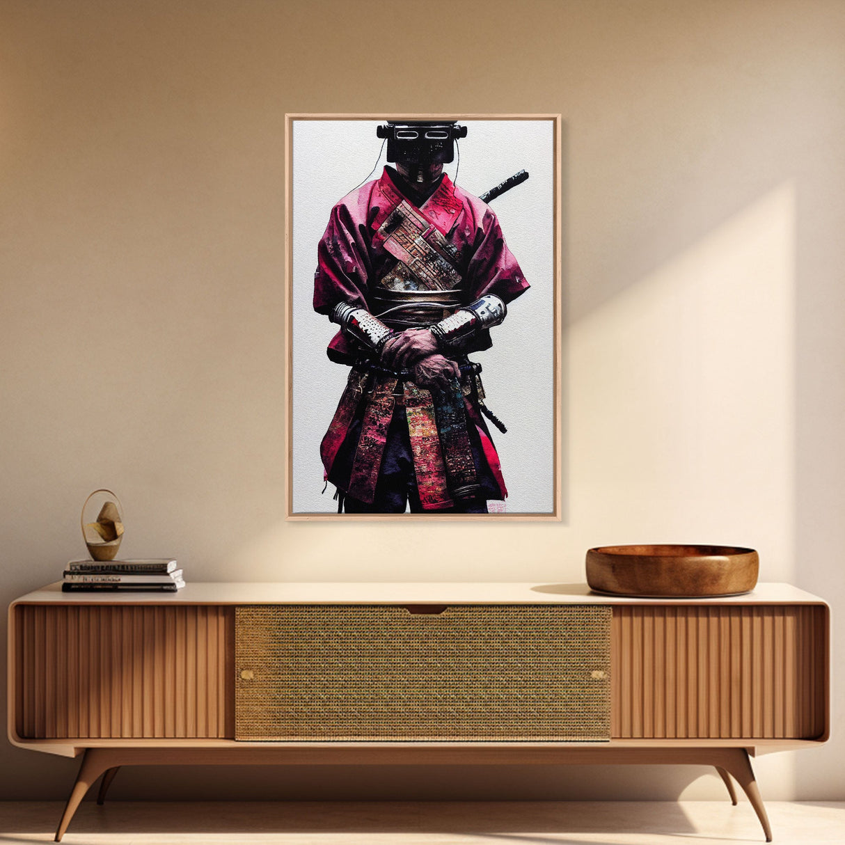 Portrait of a Cyberpunk Samurai with Cybernetic augments, Framed Canvas Print, Ready To Hang Framed Wall Art