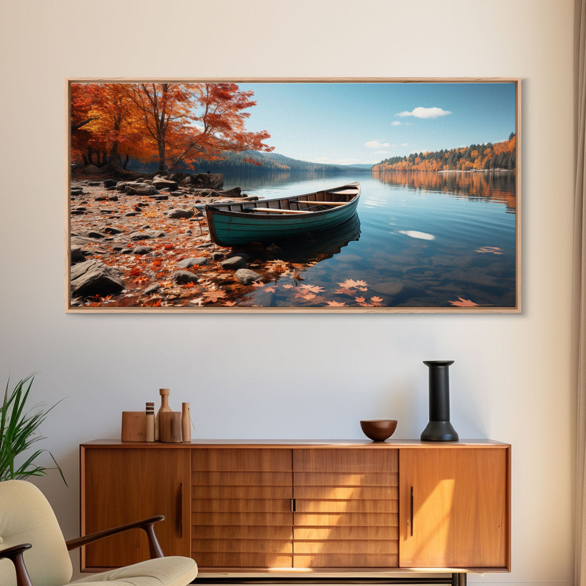 Pacific Northwest Photography Print, Beautiful Lake With Canoe In The Fall, Framed Canvas Print, Photography Decor, Fall Decor