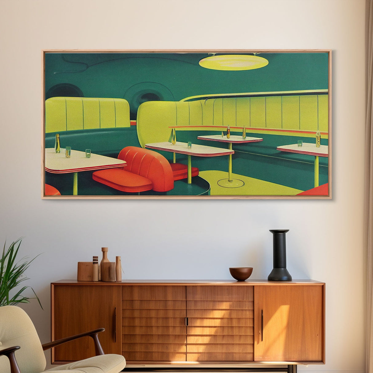 Retro Art, Lime green 1950s style art deco diner, framed canvas print, ready to hang framed wall art