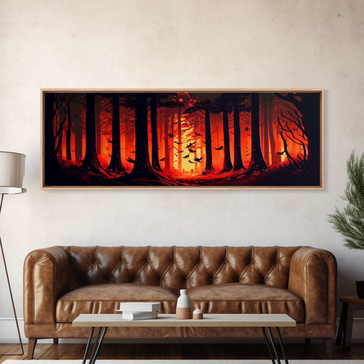 Forest Landscape Art, Forest Fire, Fall / Autumn Decor, Panoramic Wall Art, Framed Canvas Print, Orange and Yellow Fantasy Forest