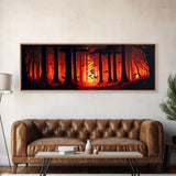 Forest Landscape Art, Forest Fire, Fall / Autumn Decor, Panoramic Wall Art, Framed Canvas Print, Orange and Yellow Fantasy Forest