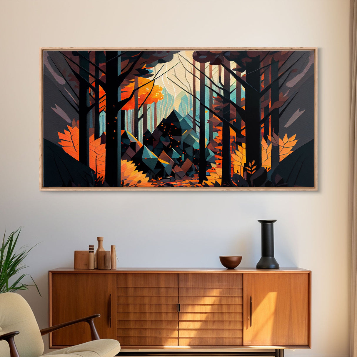 Forest fire seen through a kaleidoscope, framed canvas print, wall art