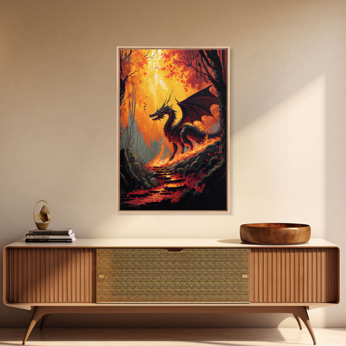 Fiery Dragon Burning Down Forest Canvas Print - Mystical Fantasy Wall Art Home Decor Artwork