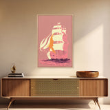 Pastel pirate ship, pink boat, vaporwave pirate ship, framed canvas print, framed wall art