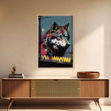 Wolf graffiti on a subway train car, framed canvas print, framed wall art
