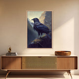 Portrait of a raven in the mountains, crow art, framed canvas print, framed wall art