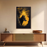 Watercolor of a wolf in the forest, framed canvas print