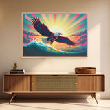 Retrowave bald eagle, pastel sunset, framed canvas print