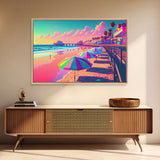 Neon Pastel wall art, vaporwave aesthetic boardwalk, neon beach, framed canvas print