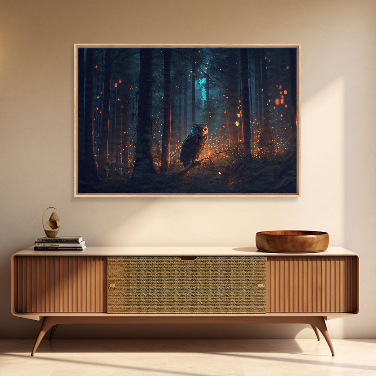 Fantasy forest art, Fireflies and the owl at midnight, framed canvas art, framed canvas print