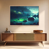 Bioluminescent glowing river, cool nature watercolor art, framed canvas print