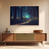 The magical enchanted forest is lit brightly with fireflies at night, framed canvas print, fantasy art
