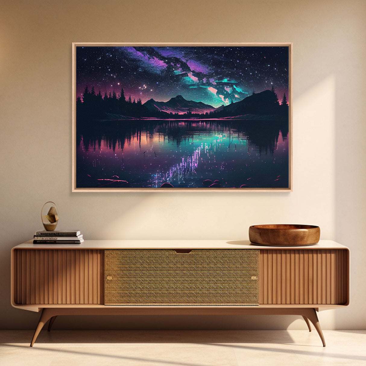 Vaporwave starry night over an Alaskan lake, Aurora borealis, framed canvas print, pastel nature art