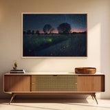 Fireflies light up the Oklahoma Prairie under a Starry night sky, framed canvas print