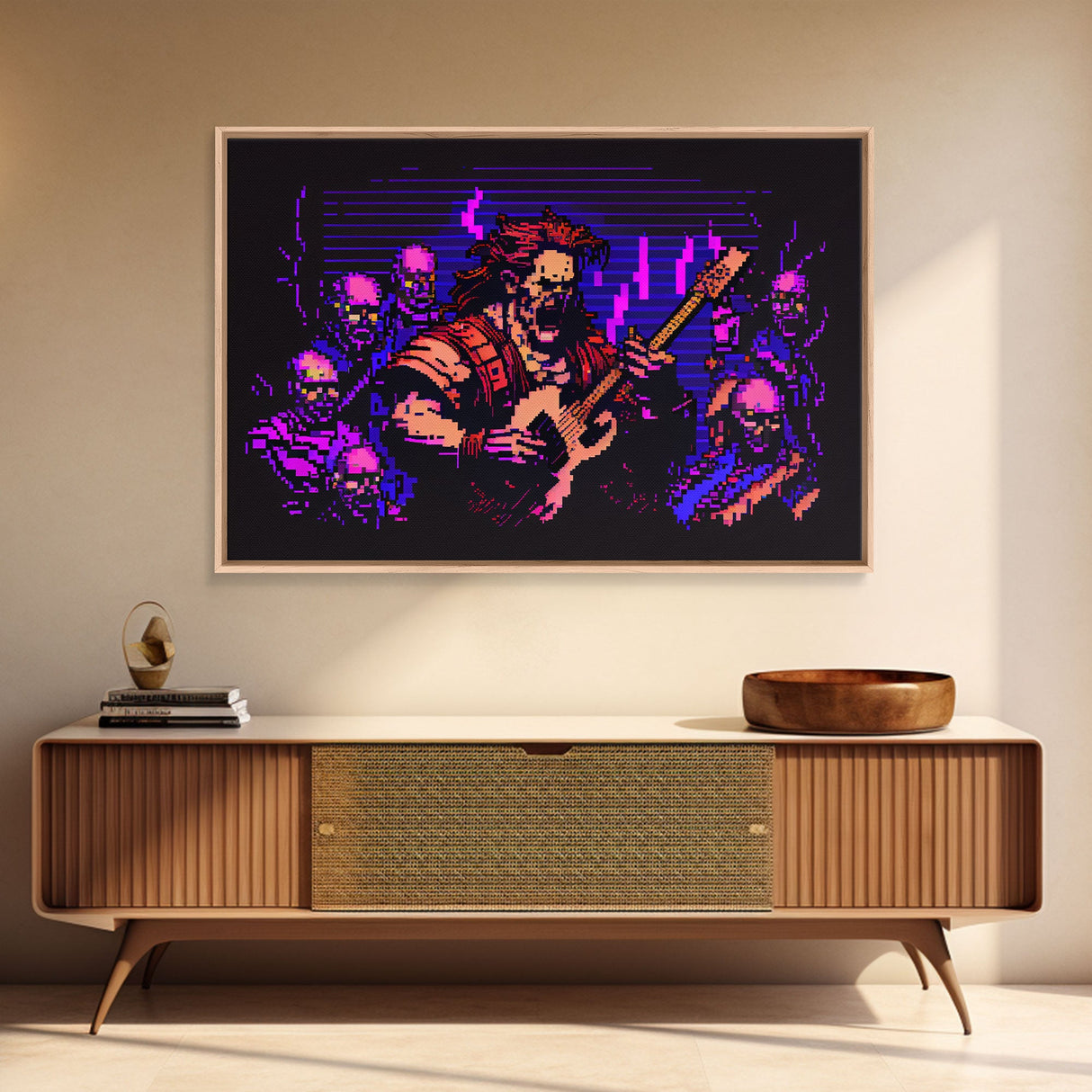 Human bard pixel art, vaporwave RPG concept art, framed canvas print, synthwave tabletop art