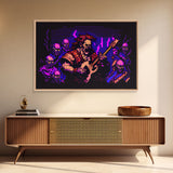 Human bard pixel art, vaporwave RPG concept art, framed canvas print, synthwave tabletop art