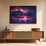 Pink Flamingos against a starry night sky, synthwave vibes, framed canvas print, framed art