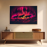 Wolf Pack on the hunt at sunset, synthwave animal art, framed canvas print