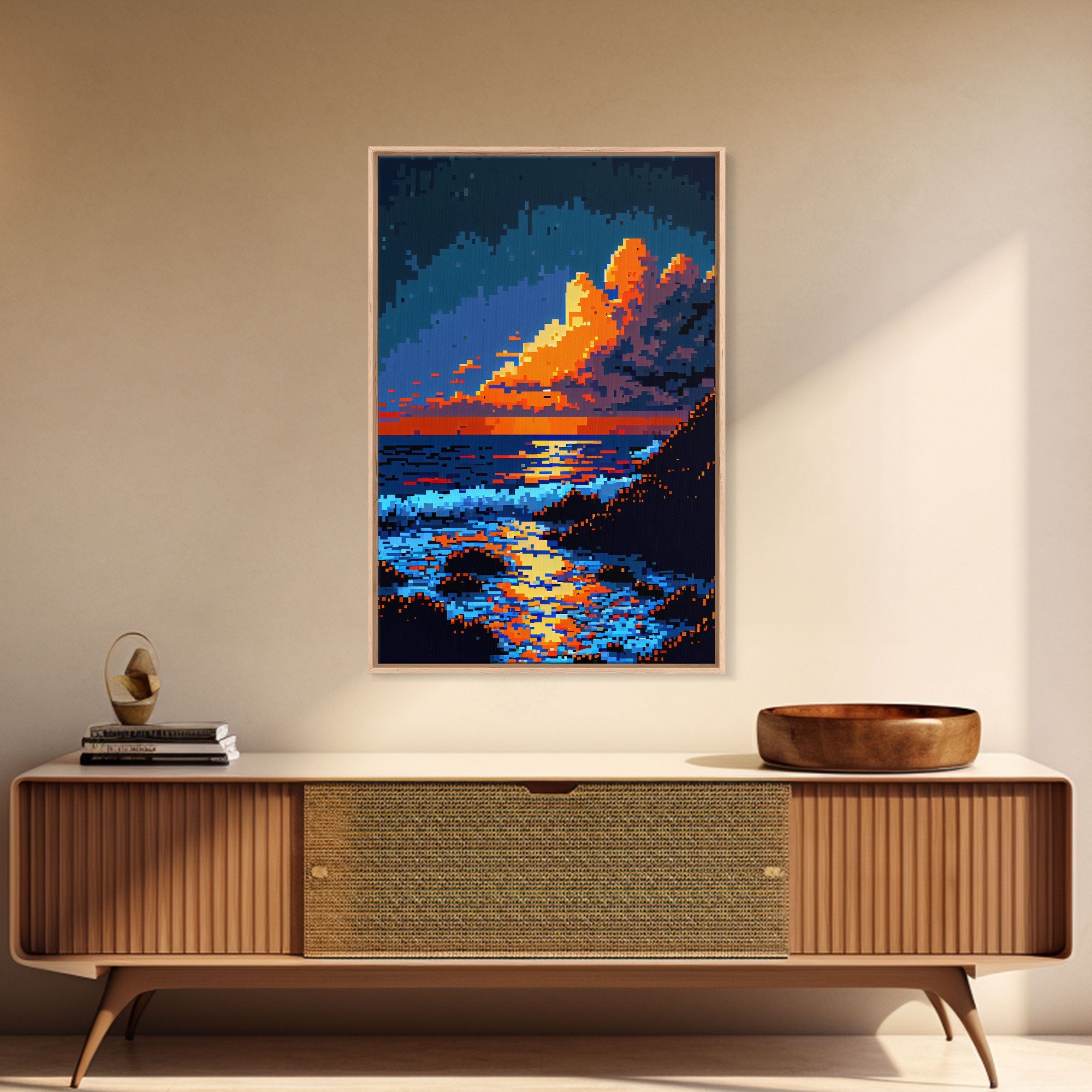 Pixel Art Sunset obscured by clouds, framed canvas print, 8
