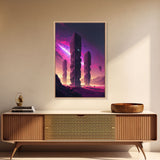 The Monoliths, Scifi art, retro synthwave style alien planet art, framed canvas print