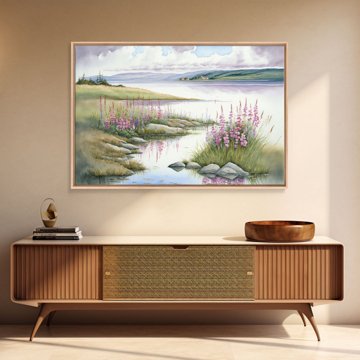Pink flower landscape art, beautiful nature watercolor painting canvas print, Framed Canvas Print, Wall decoration, living room wall art