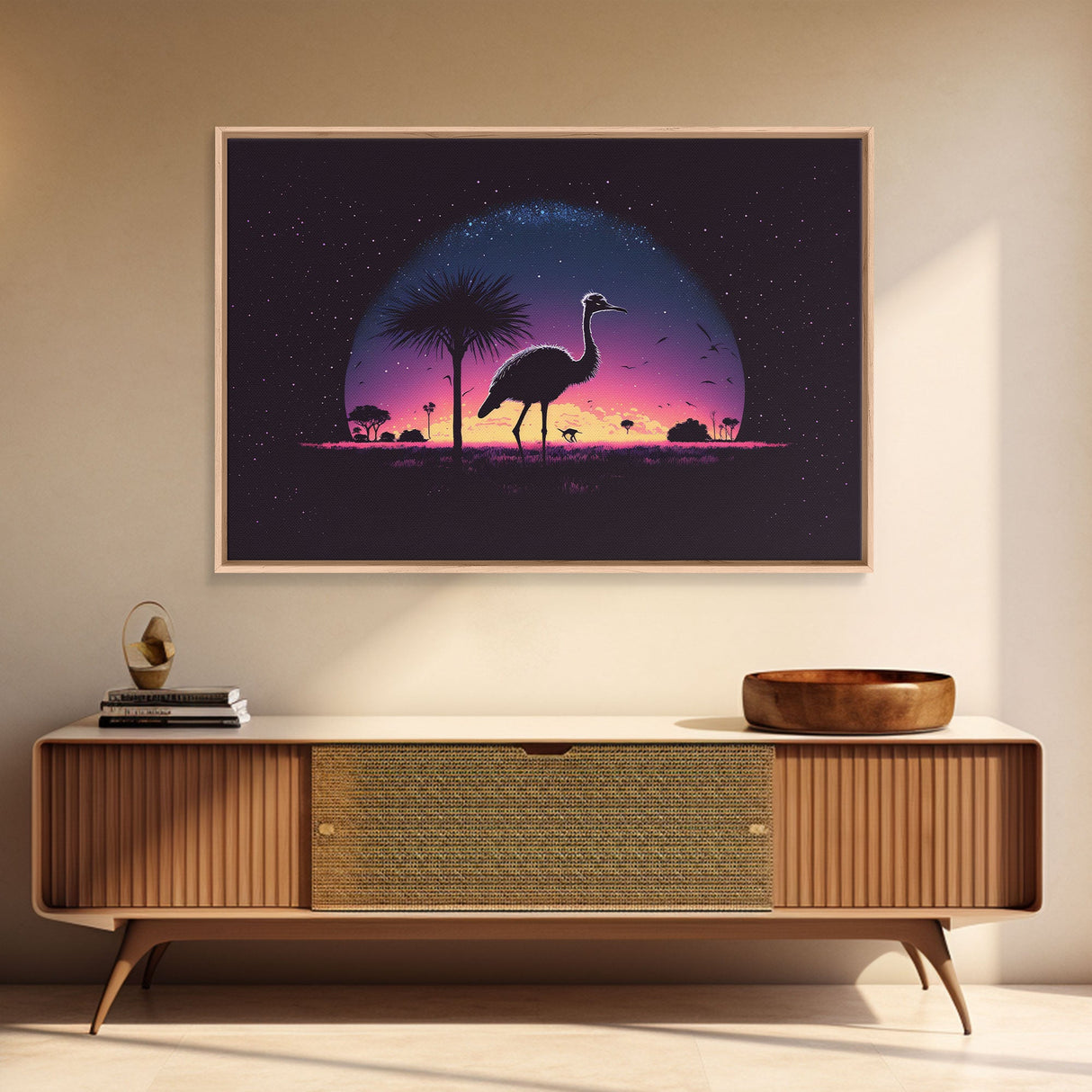 Emu Art | Framed Canvas Print | Synthwave Style Framed Wall Art | Animal Prints | Emu Walks Under A Full Moon | Kid's Room Decor